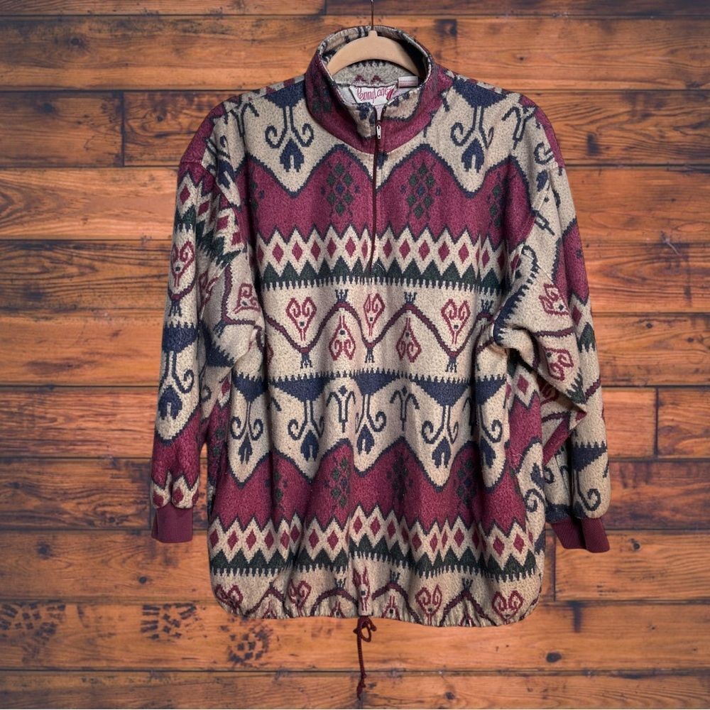 Vintage-Inspired Maroon Patterned Quarter-Zip Sweater